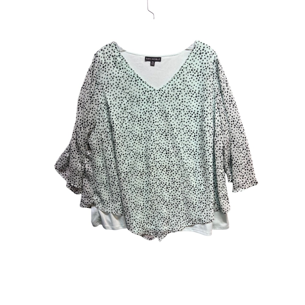 Sara Michelle Womens 2X Mint Green Polka Dot V-Neck Layered Blouse 3/4 Sleeve